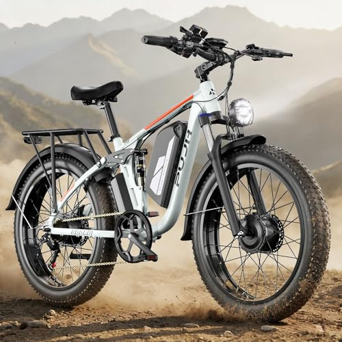 PUJH 6000W Dual Motor Ebike for Adults 60V Fast Electric Bike for Men Women,Up to 100 Miles,24 Fat Tire Suspension Electric Bike for Snow Off-Road Commuter Mountain E-Bike PU364 (White)