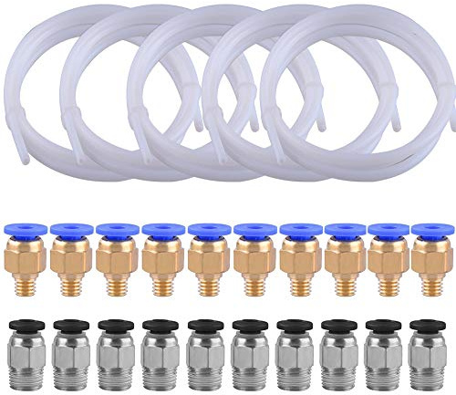 SIQUK 5 Stück PTFE-Teflonrohr(1 Meter) mit 10 Stück PC4-M6 Schnellkupplung und 10 Stück PC4-M10 Gerade Pneumatikkupplung Zum Verbinden von 3D-Drucker mit 1,75 mm Filament