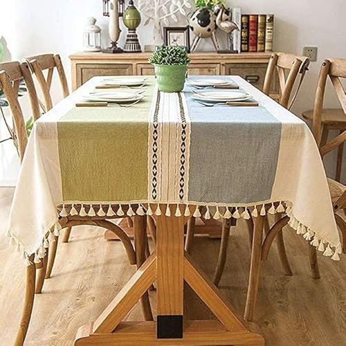 Pahajim Table Cloth Rectangle Linen Tablecloth Cotton Washable Table Cloth Wrinkle Free Tassel Design Table Cover for Kitchen Dinning Tabletop Decoration (Blue-Green,55x87 inch)