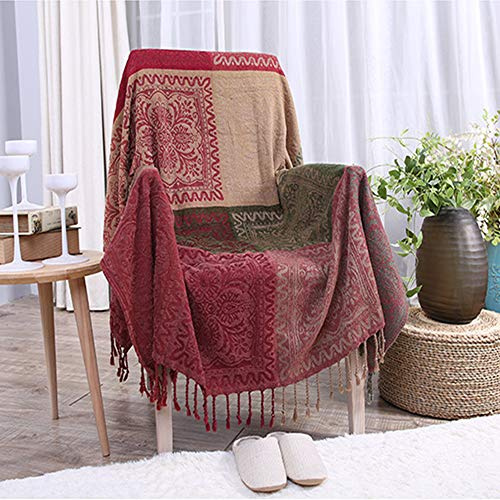 ele ELEOPTION Chenille Throw Blanket, Jacquard Tassels Throw Blanket Sofa Chair Cover Decorative for Bed Couch Soft Chair, Folk Tribal Pattern (Grass green, 220 x 250 CM)