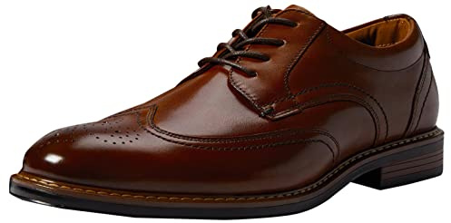 Nunn Bush Mens Centro Flex Wingtip with Brogue Detail Dress Casual Leather Comfortable Lace Up Oxford, Cognac, 10.5 Wide US