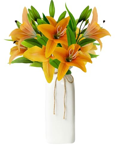 SHUYUNGE Künstliche Lilien Blumen 6 Stück Real Touch Lilie Gefälschte Blumen für Zuhause Hochzeit Party Garten Geschäft Dekoration Gräber Arrangement Fotografie Requisiten (Orange)