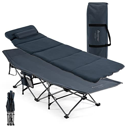COSTWAY Lit de Camping Pliant de Voyage, Charge Max 150 KG, Lit de Plage avec Sac de Transport et Matelas et Oreiller Amovibles, Lit de Camp Portable pour Adultes, 190 x 67 CM (Bleu)