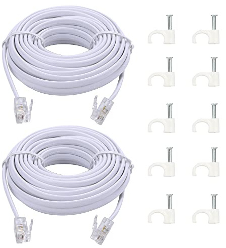 Ubramac 15-Ft Telephone landline Extension Cord Cable Cord with Standard RJ-11 6P4C Plug (White, 2Pack)