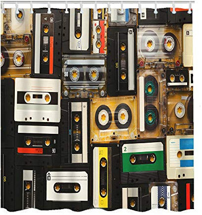 Tenda da doccia Music Shower Curtains Vintage Audio Record Cassette Tapes Bathroom Shower Curtain Set Home Decorative Waterproof Polyester Fabric Hooks 60x72 Inch Black Beige