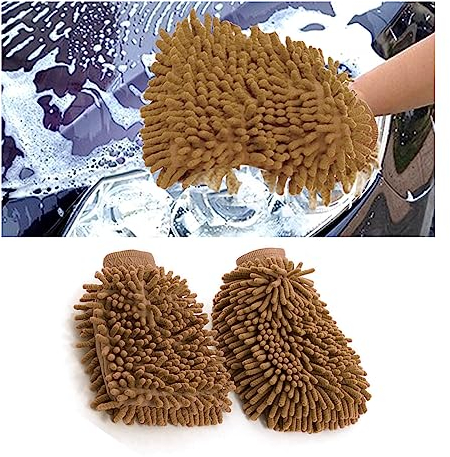 JNNJ 2 Pezzi Guanto per La Pulizia in Microfibra, Guanti per Lavaggio Vetro, Guanto Da Autolavaggio in Microfibra Ultra Morbida, Guanto in Microfibra Premium per Lavaggio Dell'auto(Curry)
