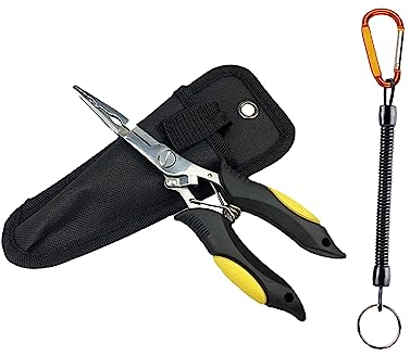 Fishing Pliers Stainless Steel Fish Hook Pliers, Fish Hook Remover, Saltwater Fishing Pliers with Sheath and Lanyard, Fishing Gear Gifts for Men Yellow