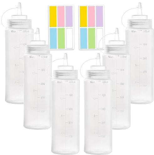 TTYSHIP® 6 Stück Squeeze Flasche, 500ml Quetschflasche aus Kunststoff mit Deckel, Soßenflaschen mit Farbe Etikettenaufkleber für Ketchup, Mayonnaise