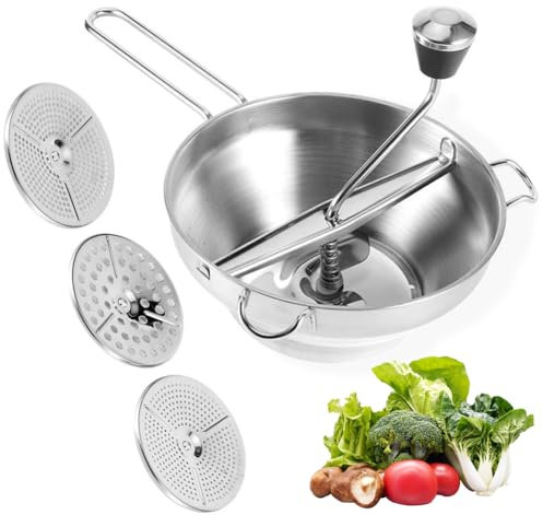Hominas Passaverdure Manuale, Passatutto Passa Verdure a Mano Acciaio Inox Passapomodoro Passaverdura con 3 Setacci per Purè, Filtrare e Grattugiare Frutta e Verdura, 32 Cm