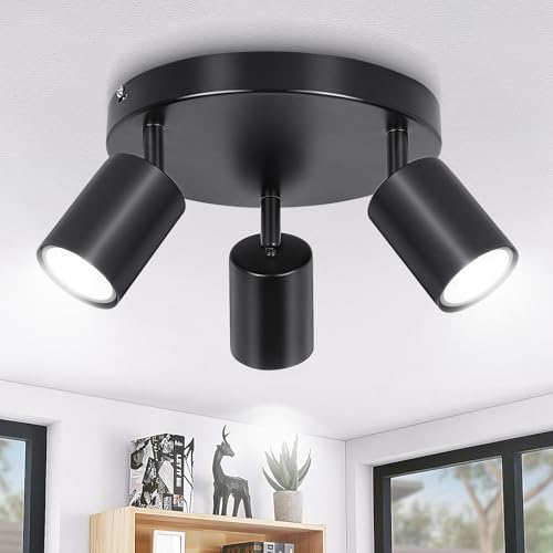 Ketom Ceiling Light Rotatable, 3 Way Black GU10 Spotlight Ceiling Lights, Modern Kitchen Lights Ceiling, Round Indoor Spot Light Fittings Industrial for Bedroom Living Room Hallway, Bulb Not Included
