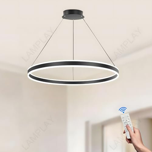 LAMPLAY Lampada A Sospensione Moderna A LED Rotonda, 1 Lampadario Ad Anello Nero, Dimmerabile Con Telecomando 3000K-6000K Lampada Da Soffitto, Altezza Regolabile, Soggiorno Camera Da Letto(Ø60cm)