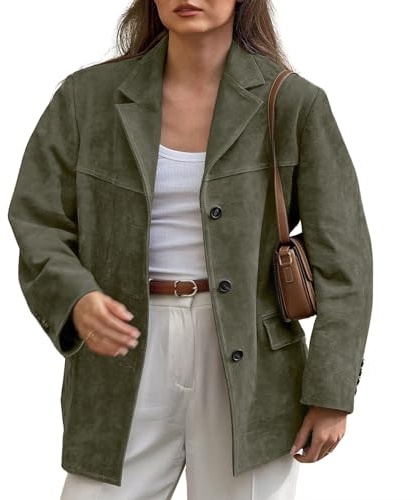 loveimgs Veste rétro marron en faux daim pour femme, blazer en cuir vieilli, esthétique, veste bomber Y2k surdimensionnée, vert militaire, X-Large