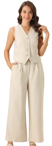 Allegra K 2-delade affärsdräkter dam väst knäppt jacka med breda benbyxor blandade set byxdresser, aprikos, M