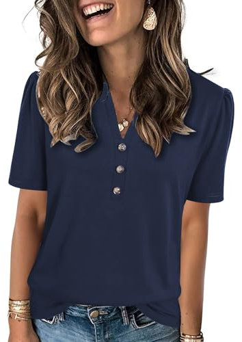 Famulily Womens Summer V Neck Blouse Puff Short Sleeve Longline Shirt Button Loose Casual Top Navy Blue XL
