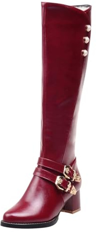 Femme Bottes Hautes Talon Bloc Bordeaux Avec Boucles Dorées Grande Taille Chaude Doublure Bottes Style Cavalier Élégant Boots Chaussures Automne Et Hiver 42