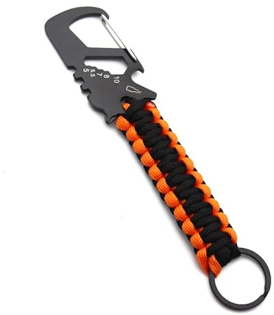 Multi-Tool Paracord Karabiner mit Flaschenöffner, Schraubenschlüssel und Schraubendreher, Campingschlüssel, 180 mm, Schwarz und Orange