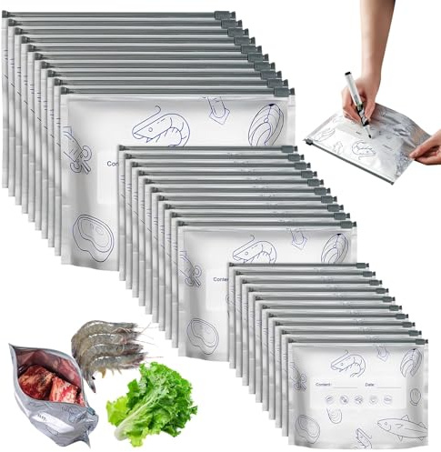 Bolsas Congelacion Reutilizables 30pcs, Tres TamañOs (Grande, Mediano, PequeñO), Bolsas De Aluminio Sellables, Adecuadas Para Almacenar Marisco, Carne, Verduras Y Fruta (30Pcs)