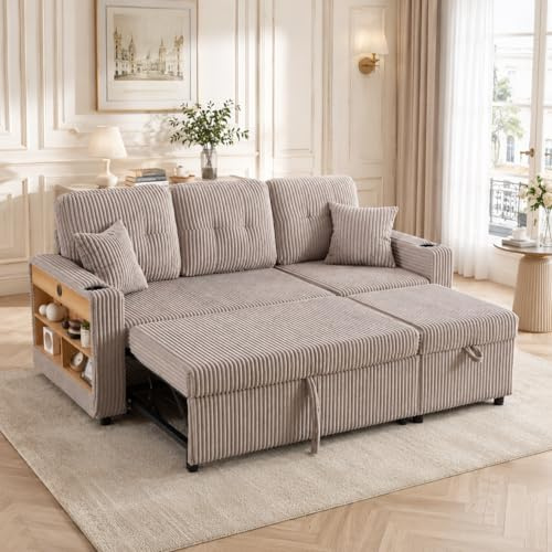 Divano ad angolo convertibile 3 posti, divano letto L in velluto a coste con letto estraibile, pouf portaoggetti e cassetto, ampi braccioli con porte di ricarica USB, portabicchieri e ripiano per