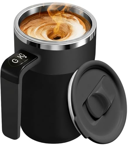 Automatisk självrörande kaffemugg med temperaturvisning, uppladdningsbar kaffekopp, 382 ml självrörande mugg med lock, rostfritt stål material lämpligt för mjölk och andra drycker, svart