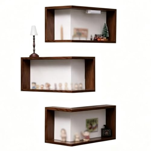 Massiv trä vägghylla för hörn med LED-belysning, 2 modeller Konkav/Konvex L-form, 2 färger Valnöt/Natur Ek, förvaringshylla för minifigurer och blindboxar, sovrum vardagsrum lekrum(Brown,Large)