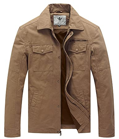 WenVen Men's Flat Collar Military Work Wear Jacket Vintage Coat (Khaki, S)