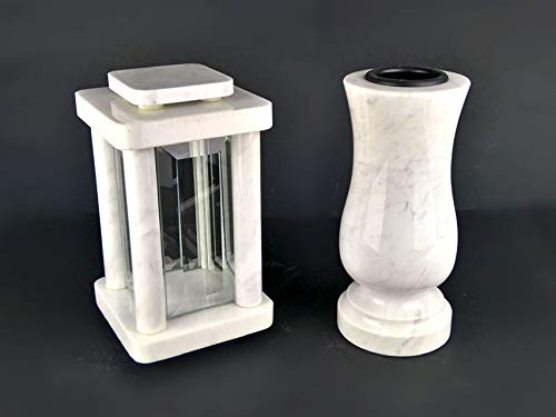 designgrab Moderna lámpara de cementerio con jarrón de mármol Carrara blanco, juego de joyas para tumbas