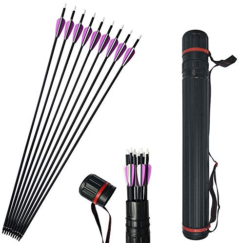 SHARROW 12pcs Flèches de Carbone 30 Pouces Flèches de Chasse Spine 500 avec Carquois Flèche pour Arc à Poulies et Arc Classique (12 pièces+ Flèches Carquois)