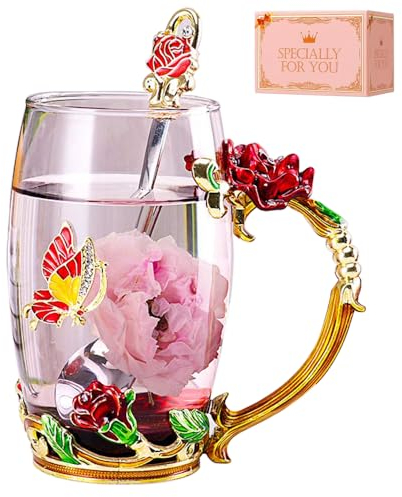 DasyFly Birthday Gifts for Women,Enamel Butterfly Flower Glass Tea Cup Rose Red Coffee Mug,Cute Gifts for Women Mum Wife Grandma Female Friend on Anniversary Christmas Valentines Mothers Day