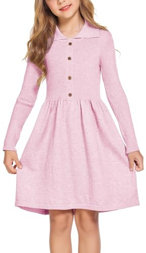 Flypigs Robe tricotée à Manches Longues pour Fille Automne Hiver Robe Pull Uni Festive Robe Patineuse élégante Robe décontractée Taille 104-152