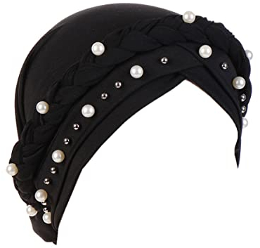LIUPUUDLY Turban Damen Chemo Mode Kopftuch Kopfbedeckung mit Perle Beanie Mütze Haarausfall Hut Schlafmütze (Schwarz)