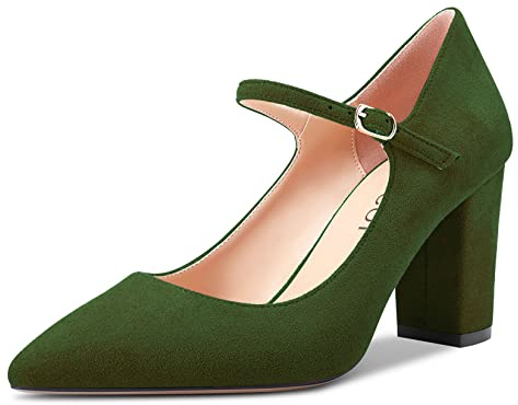 Aachcol Donna Mary Jane Pumps a Punta Cinturino alla Caviglia Chunky Blocco Medio Tacco Heel Dress Scarpe Scamosciato da Matrimonio Shopping Olivo Verde 8 CM 39 EU