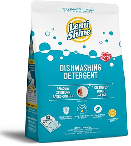 Lemi Shine Cápsulas naturales para lavavajillas, cápsulas de detergente en polvo y gel todo en uno con potente ácido cítrico, suministros de limpieza ecológicos para lavar platos (52 unidades)