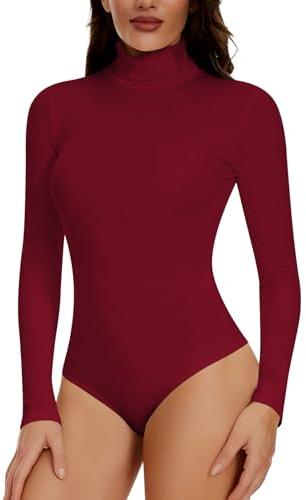 Joyshaper Mujer Body Manga Larga Cuello Alto Blusa Top Color Sólido Bodysuit Top Tanga Mono Casual Camiseta Interior, Cuello Alto-Rojo Vino, L