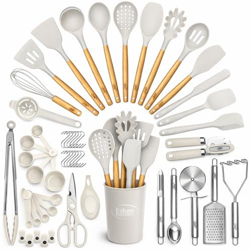 Kaluns 50 PCS Silicone Kitchen Utensils Set Complete Kitchen Set - 800°F Heat Resistant Non-Stick Premium Cooking Utensils W Wooden Handles - Can Opener, Masher, Turner, Silicone Spatula Set