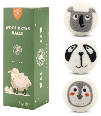 Wool Dryer Balls 3 Pack XL, Natural Fabric Softener New Zealand Wool，Handmade Organic Laundry Dryer Balls, Reusable 1000 Loads,Wrinkles Free, Shorten Drying Time（3 Pack,Animal Pattern）