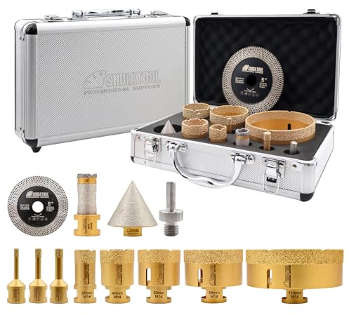 SHDIATOOL Punte diamantate per carotaggio filettatura M14 6/8/10/25/40/50/68/110/50mm Punte diamantate per smussare/20mm Bit delle dita/Adattatore con gambo a triangolo/125MM Disco da taglio