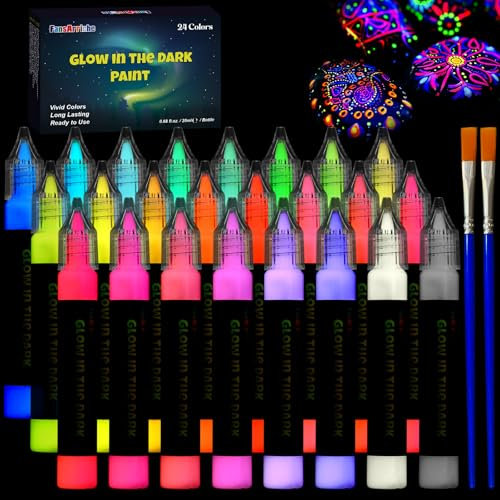FansArriche Peinture phosphorescente 24 × 20 ml, Peinture phosphorescente, Peinture textile 3D imperméable, Peinture fluorescente