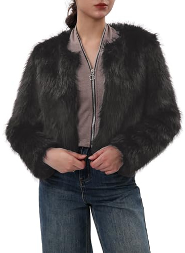 Amazhiyu Womens Faux Fur Coat with Pocket, Plush Winter Open Front Jacket with Pockets Grey S