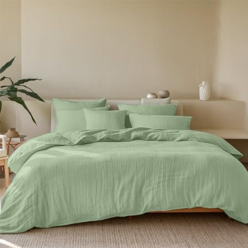 Dreamzie Musselin Bettwäsche 200x200 Baumwolle, Bettwäsche-Sets 1er Bettbezug mit 2 Kissenbezüge 80x80 cm, Oeko-Tex Bettwäsche Grün mit Reißverschluss