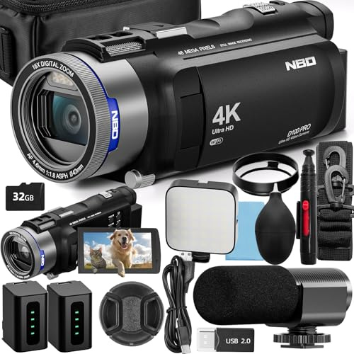 NBD 4K Video Camera Camcorder Ultra 48MP Vlogging Camera for YouTube,16X Digital Zoom Camcorder 3.0 IPS 270° Flip Screen with Mic,Fill Light,2 Batteries and 32G TF Card(Black)