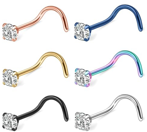 BellaHälsa 8 stycken, 20 g, näspiercing, plugg, 316 l kirurgiskt stål, L-formad nässtav, allergivänlig, näspiercing, smycke, kroppspiercing, ädelpiercing, 3 mm, Large, Kirurgiskt stål, Kubisk zirkon