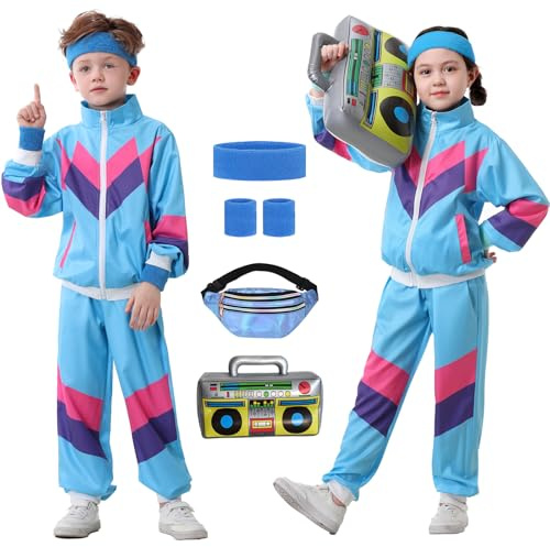 Ezuwail Traje deportivo unisex de los años 80 y 90 para niños y niñas, 6 piezas, estilo retro, para entrenamiento, hip hop, baile, Azul, 5-6 años