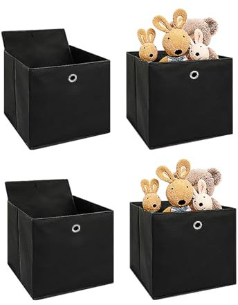 Generisch 4er Faltboxen – Aufbewahrungsboxen aus Stoff mit Griffloch – Faltbare Würfelboxen für Kallax Regal, Raumteiler, Kinderzimmer & Büro (Schwarz, 32x32x32 cm)