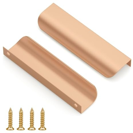 QZKJQDD 2 Pack Rose Gold Kitchen Cupboard Handles Finger Edge Pulls for Cabinets and Drawers, 120mm Wardrobe Door Handles Modern Aluminum, Matte Gold