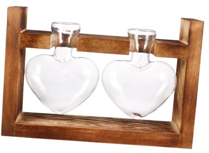 SMASOLO 2 Piezas Jarrón Hidroponía Corazón Vidrio con Soporte Madera Vintage Decoración Hogar Plantas Florero Resistente Temperaturas