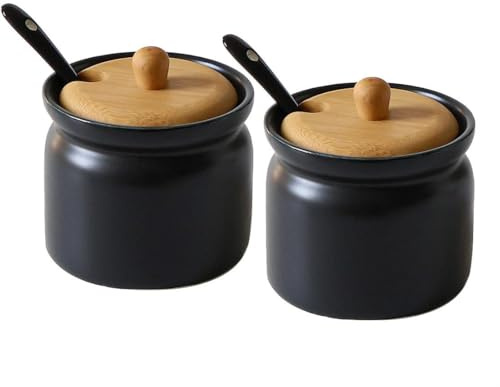 Juego de 2 tarros de cerámica para especias, recipientes de almacenamiento, salero, azucarero con cuchara y tapa de bambú, recipiente de almacenamiento, para cocina, comedor, cafetería,180 ml (negro)