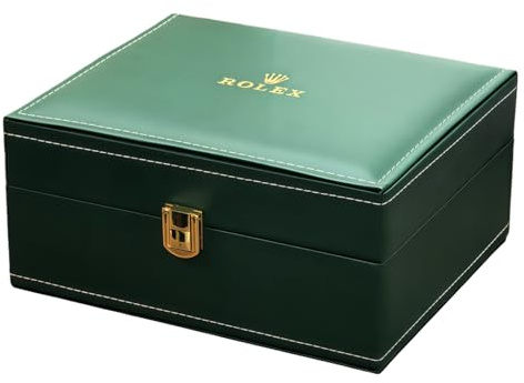 ROUHO Maletín Reloj Formato Grande Verde Cuero Sintético Pespunte Hardware Dorado Cojín Crema Rejilla Única Hombre para Rolex Submariner Date
