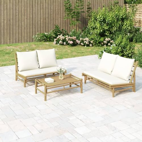 HOMELEN Trädgårdsbänk med krämvita kuddar i bambu, trädgårdsloungeset, balkongmöbelset, trädgårdsmöbelset underhållningsset, sittlounge, balkong, soffa, lounge, lämplig för trädgårdar, terrasser