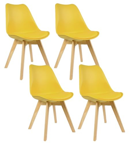 WOLTU Sedie da Pranzo Set di 4, Sedie da Cucina, in Legno Massello e Pelle Sintetica, capacità di Carico 150 kg, Giallo,