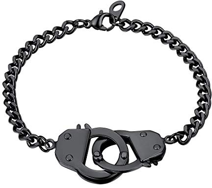 FindChic Black Bracelets for Women Handcuff Charm Partners in Crime 7.5inch Cuban Link Curb Chain Infinity Punk Bangles for Men BFF Best Friends Bracelets